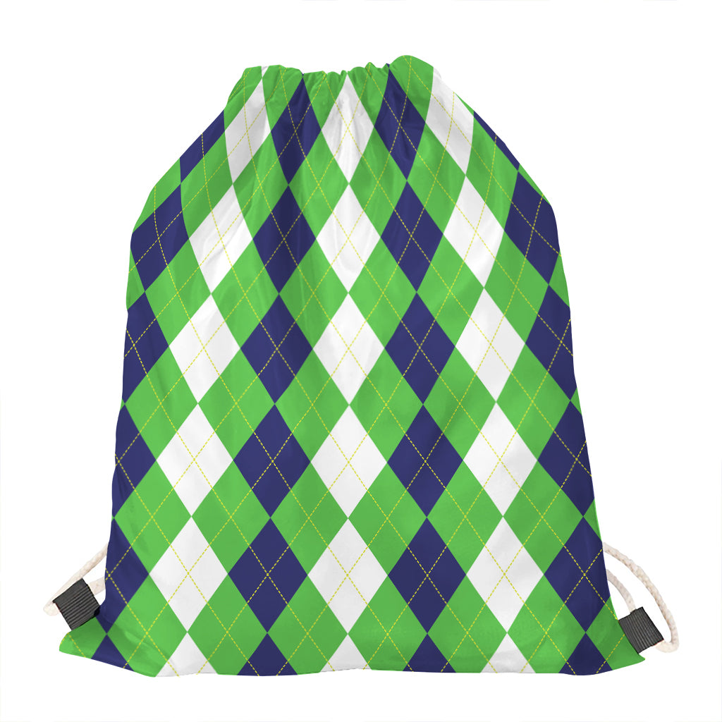 White Navy And Green Argyle Print Drawstring Bag