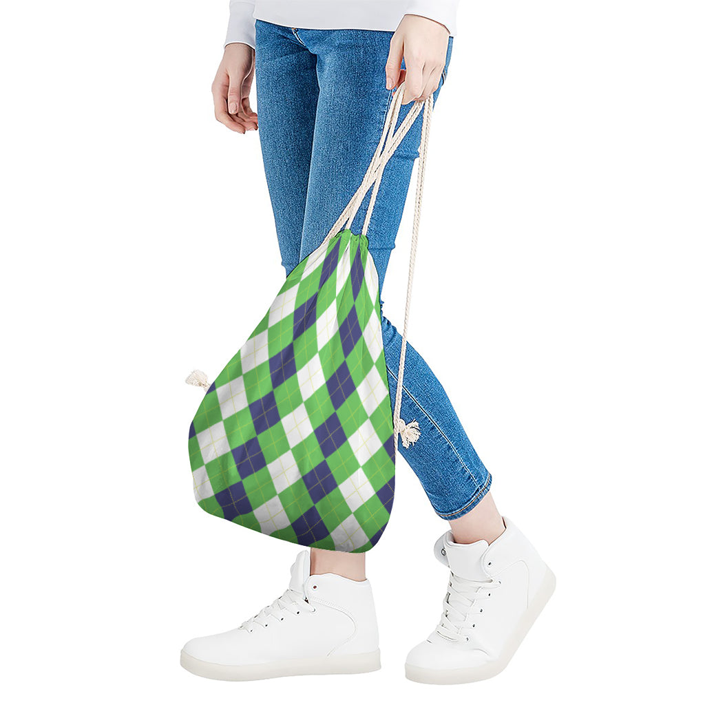 White Navy And Green Argyle Print Drawstring Bag