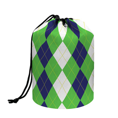 White Navy And Green Argyle Print Drawstring Makeup Bag