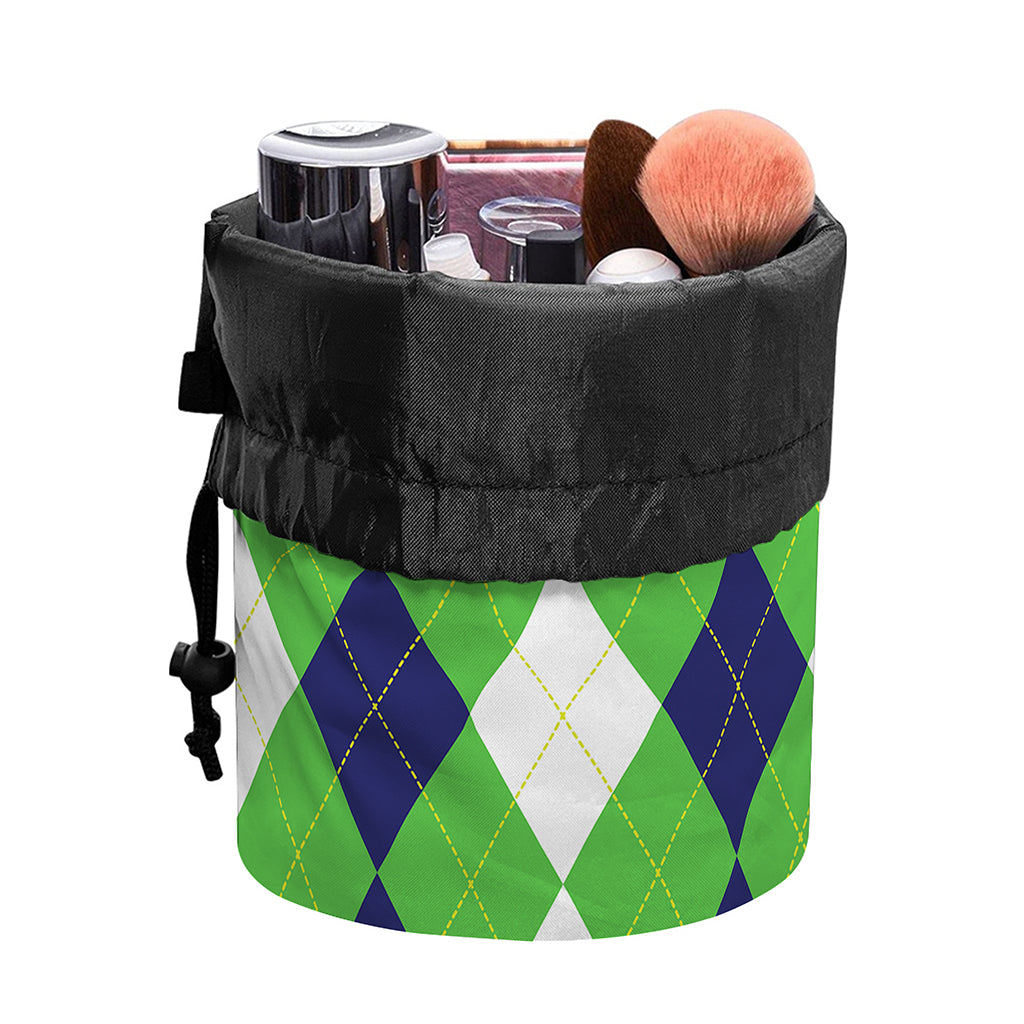 White Navy And Green Argyle Print Drawstring Makeup Bag