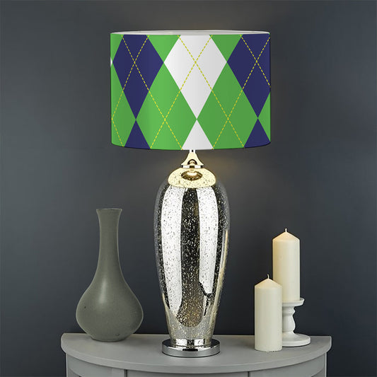 White Navy And Green Argyle Print Drum Lamp Shade