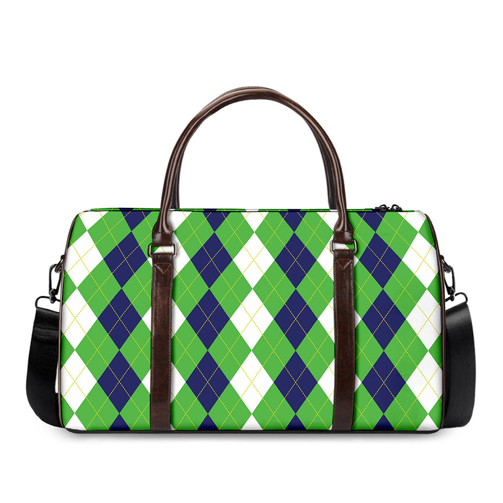 White Navy And Green Argyle Print Duffle Bag