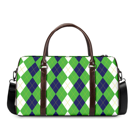 White Navy And Green Argyle Print Duffle Bag