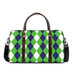 White Navy And Green Argyle Print Duffle Bag