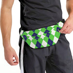 White Navy And Green Argyle Print Fanny Pack