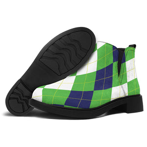 White Navy And Green Argyle Print Flat Ankle Boots