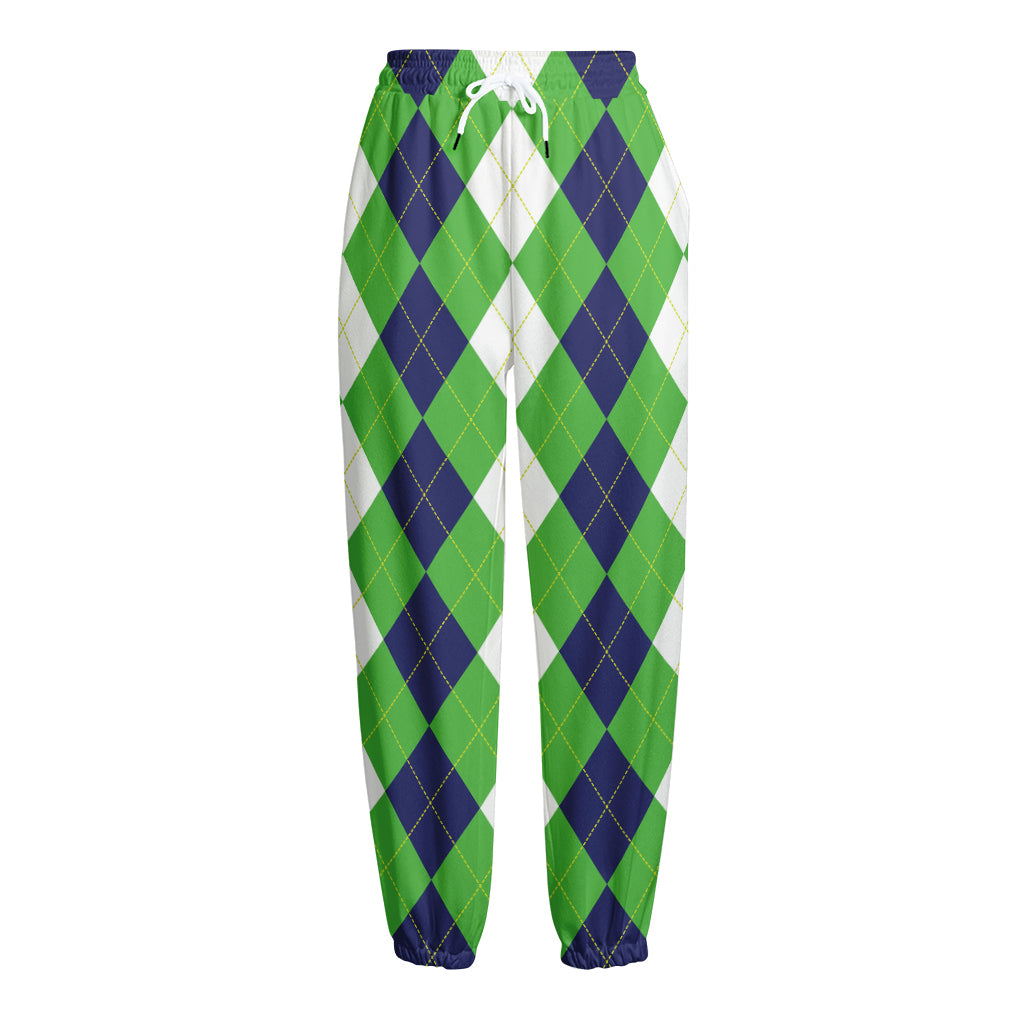 White Navy And Green Argyle Print Fleece Lined Knit Pants