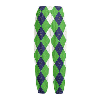 White Navy And Green Argyle Print Fleece Lined Knit Pants