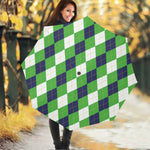 White Navy And Green Argyle Print Foldable Umbrella