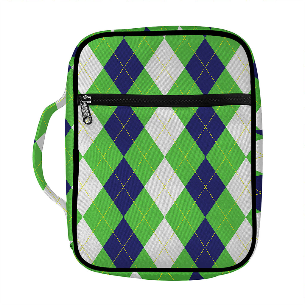 White Navy And Green Argyle Print Front Pocket Bible Bag