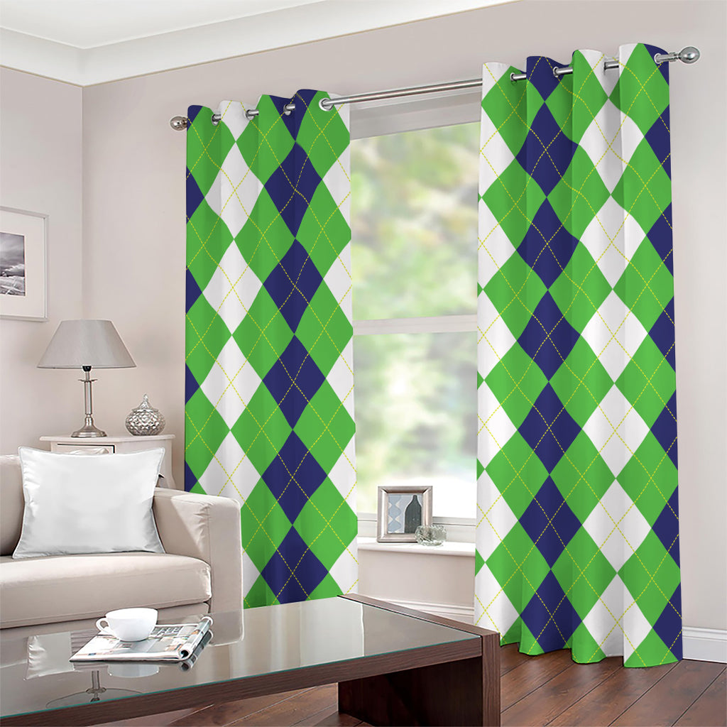 White Navy And Green Argyle Print Grommet Curtains