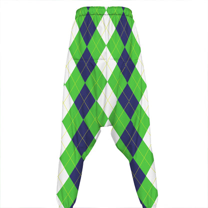 White Navy And Green Argyle Print Hammer Pants