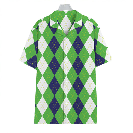 White Navy And Green Argyle Print Hawaiian Shirt
