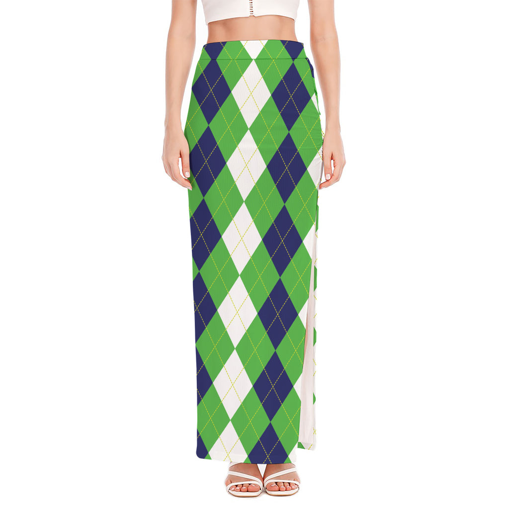 White Navy And Green Argyle Print High Slit Maxi Skirt