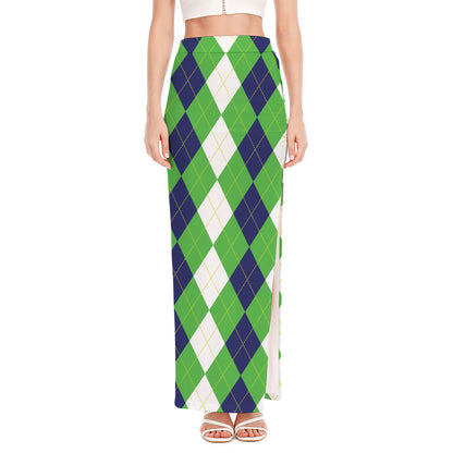 White Navy And Green Argyle Print High Slit Maxi Skirt
