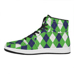 White Navy And Green Argyle Print High Top Leather Sneakers