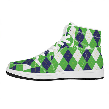 White Navy And Green Argyle Print High Top Leather Sneakers