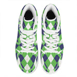 White Navy And Green Argyle Print High Top Leather Sneakers