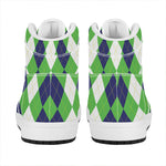 White Navy And Green Argyle Print High Top Leather Sneakers