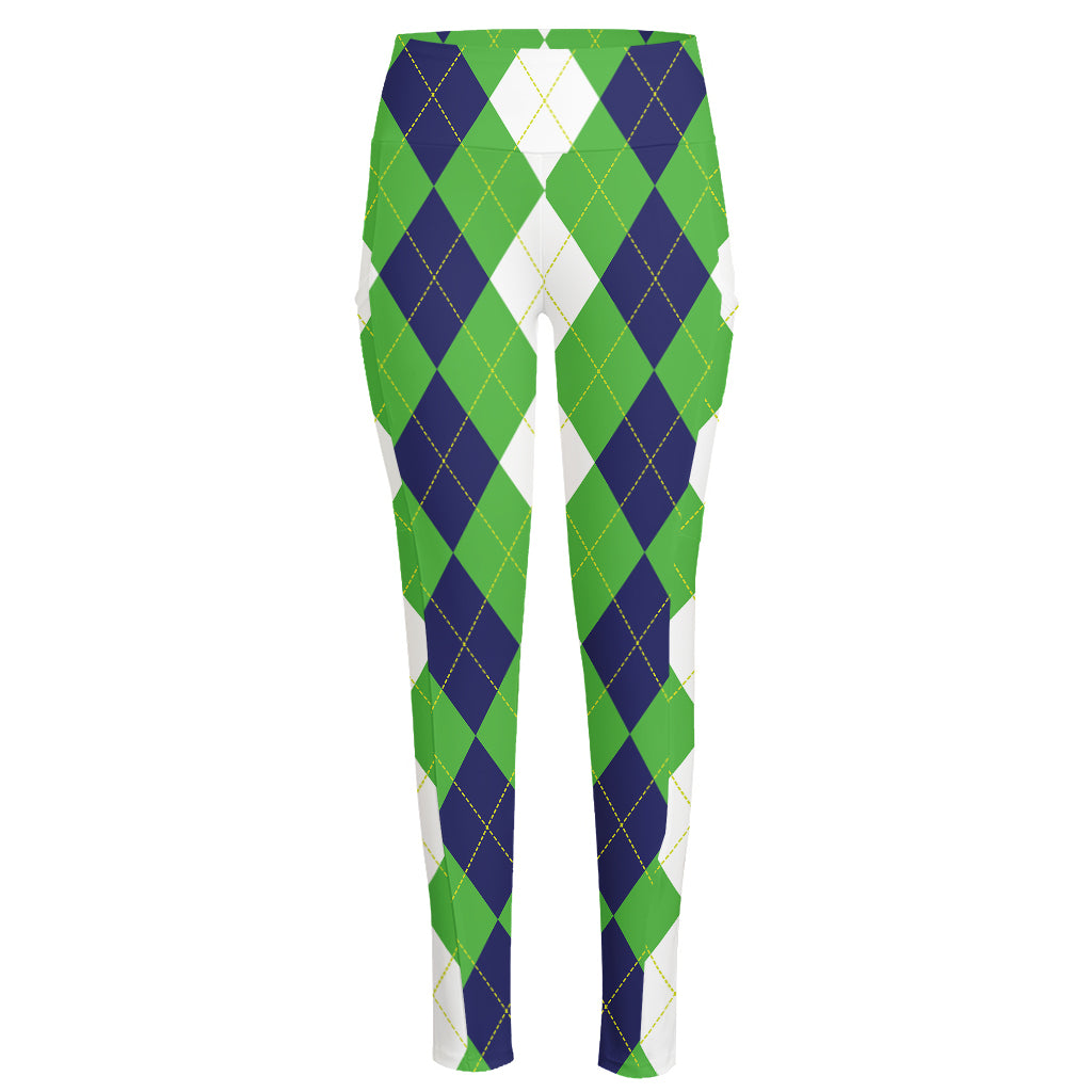 White Navy And Green Argyle Print High-Waisted Pocket Leggings