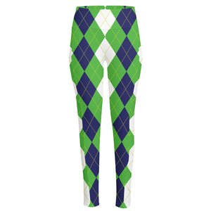 White Navy And Green Argyle Print High-Waisted Pocket Leggings