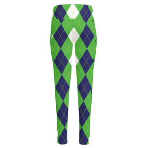 White Navy And Green Argyle Print High-Waisted Pocket Leggings