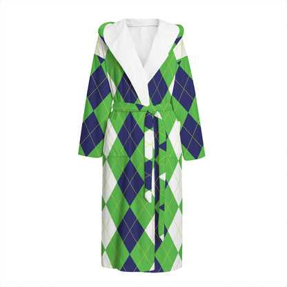 White Navy And Green Argyle Print Hooded Bathrobe