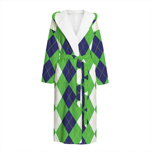 White Navy And Green Argyle Print Hooded Bathrobe