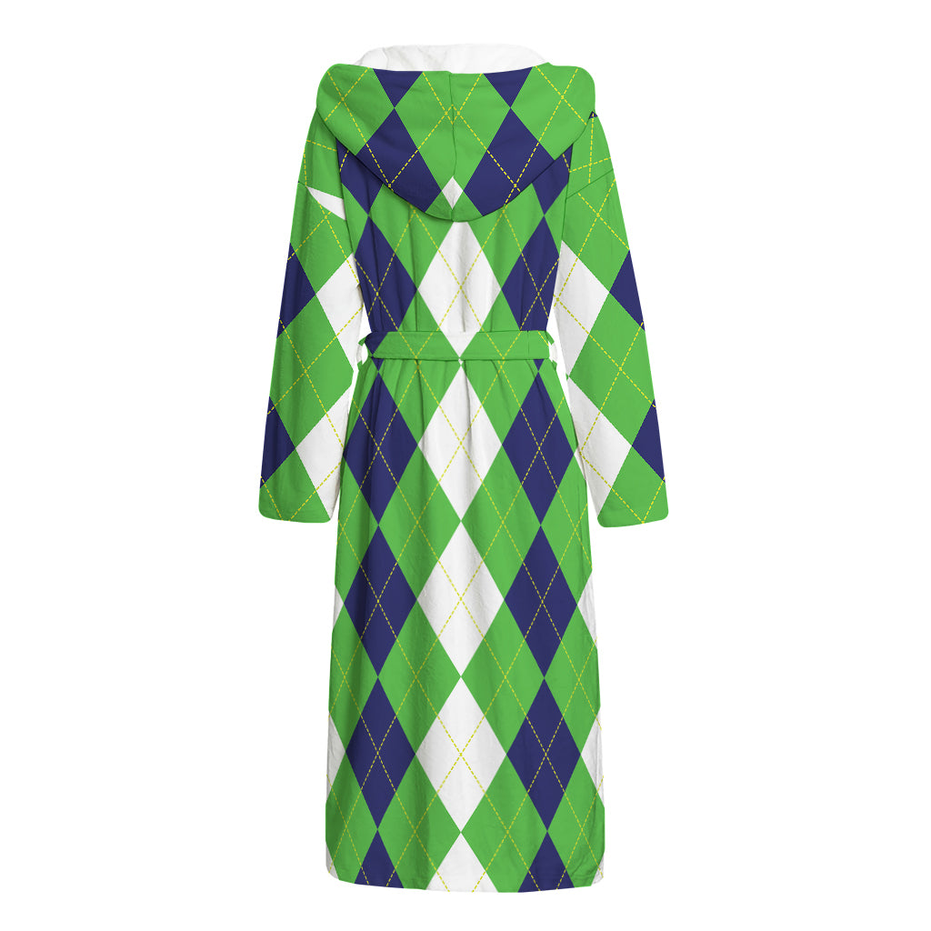 White Navy And Green Argyle Print Hooded Bathrobe