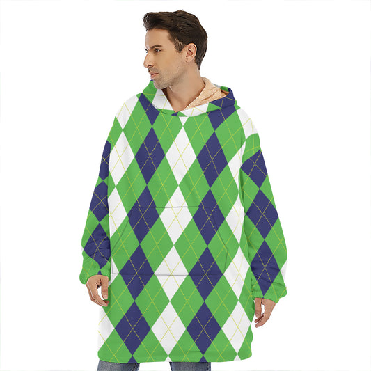 White Navy And Green Argyle Print Hoodie Blanket