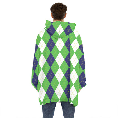 White Navy And Green Argyle Print Hoodie Blanket