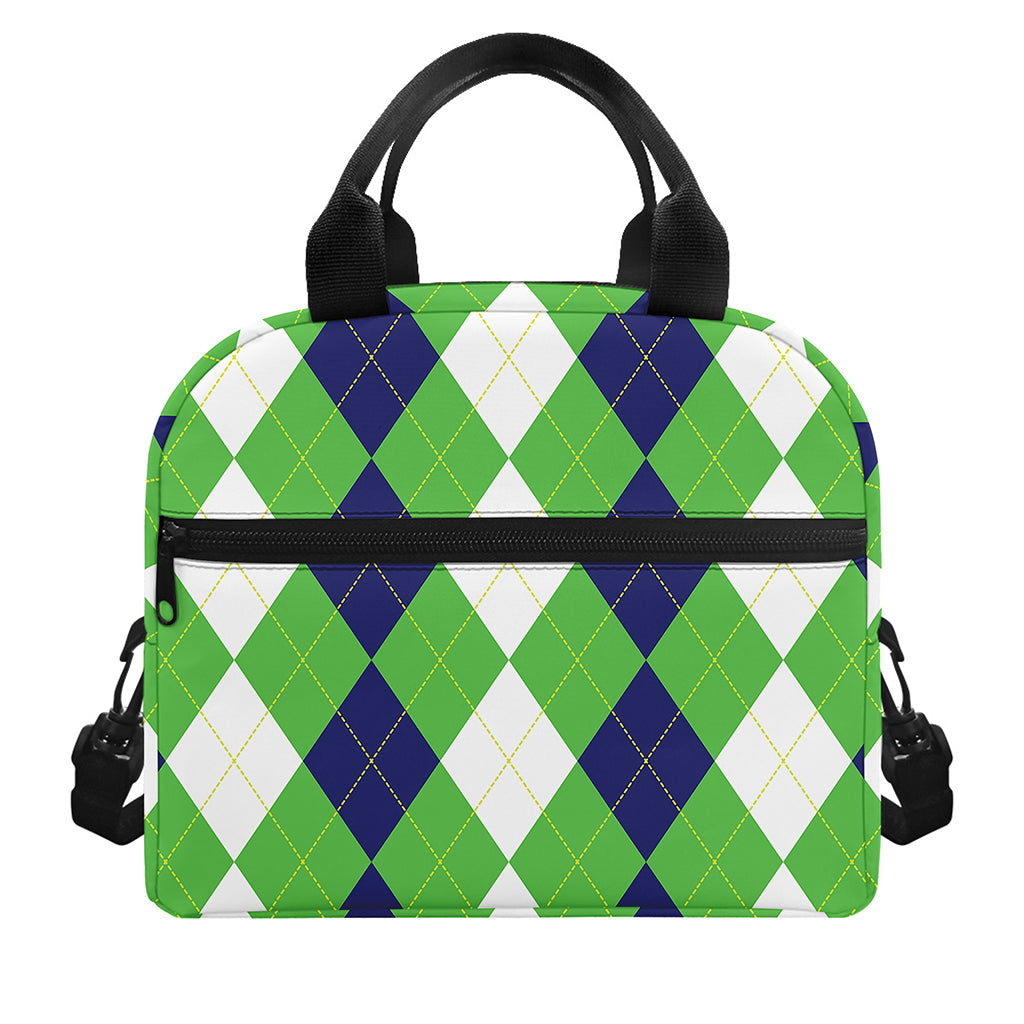 White Navy And Green Argyle Print Insulated Lunch Bag