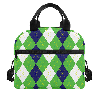 White Navy And Green Argyle Print Insulated Lunch Bag