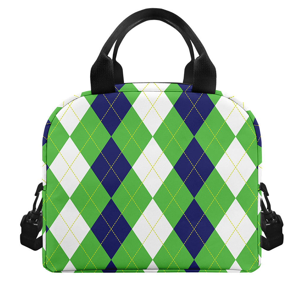 White Navy And Green Argyle Print Insulated Lunch Bag