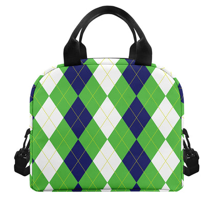 White Navy And Green Argyle Print Insulated Lunch Bag