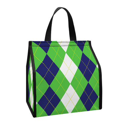 White Navy And Green Argyle Print Insulated Lunch Tote