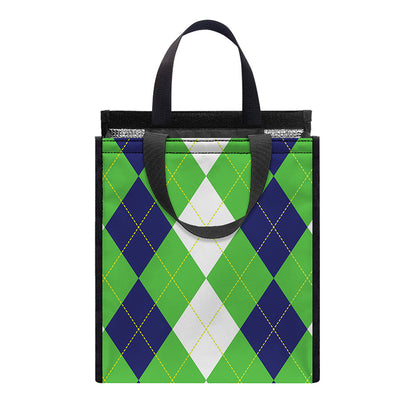 White Navy And Green Argyle Print Insulated Lunch Tote