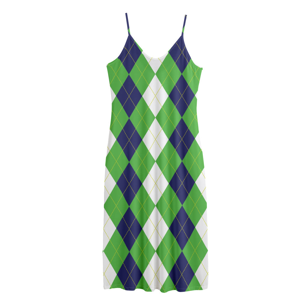 White Navy And Green Argyle Print Jersey Midi Cami Dress