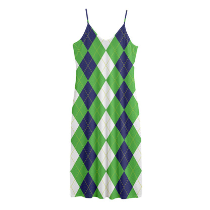 White Navy And Green Argyle Print Jersey Midi Cami Dress