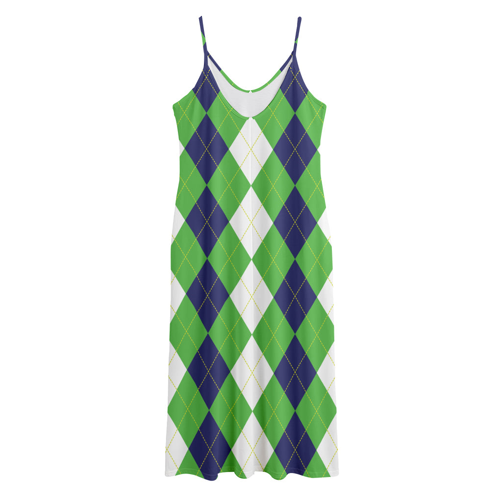 White Navy And Green Argyle Print Jersey Midi Cami Dress