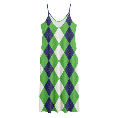 White Navy And Green Argyle Print Jersey Midi Cami Dress