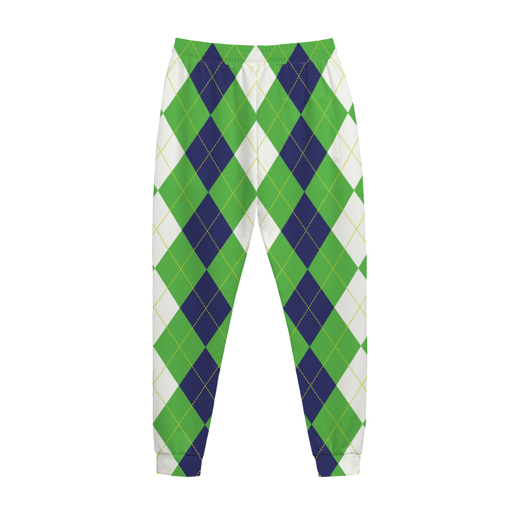 White Navy And Green Argyle Print Jogger Pants