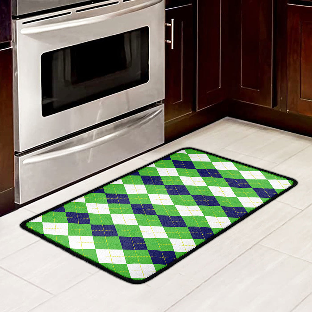 White Navy And Green Argyle Print Kitchen Mat