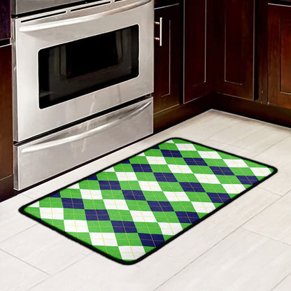 White Navy And Green Argyle Print Kitchen Mat