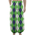 White Navy And Green Argyle Print Lantern Pants