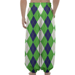 White Navy And Green Argyle Print Lantern Pants