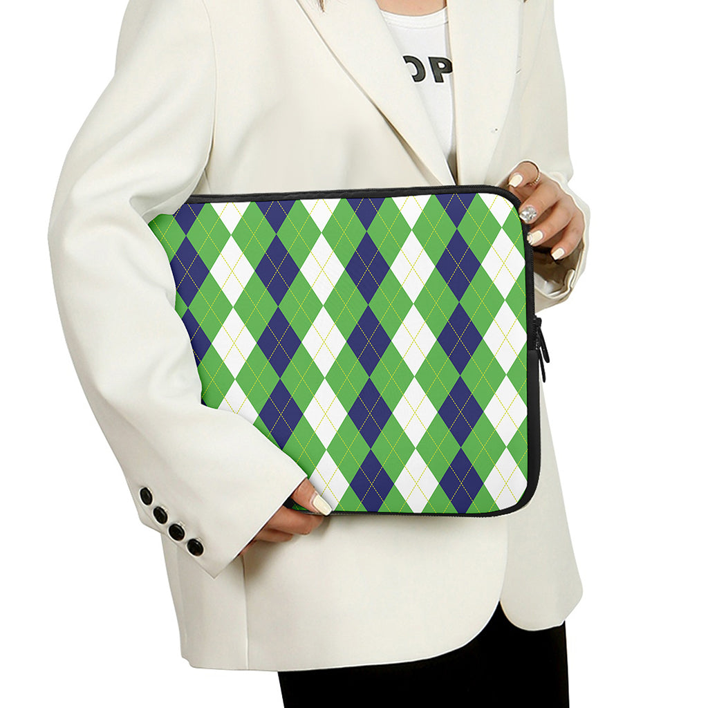 White Navy And Green Argyle Print Laptop Sleeve