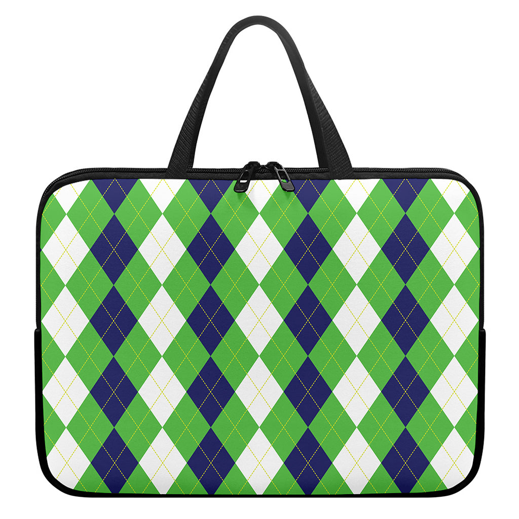 White Navy And Green Argyle Print Laptop Sleeve With Handle