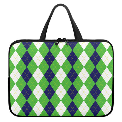 White Navy And Green Argyle Print Laptop Sleeve With Handle