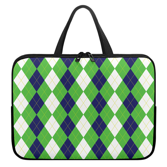 White Navy And Green Argyle Print Laptop Sleeve With Handle